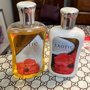 Bath & Body Works exotic coconut shower gel and lotion.